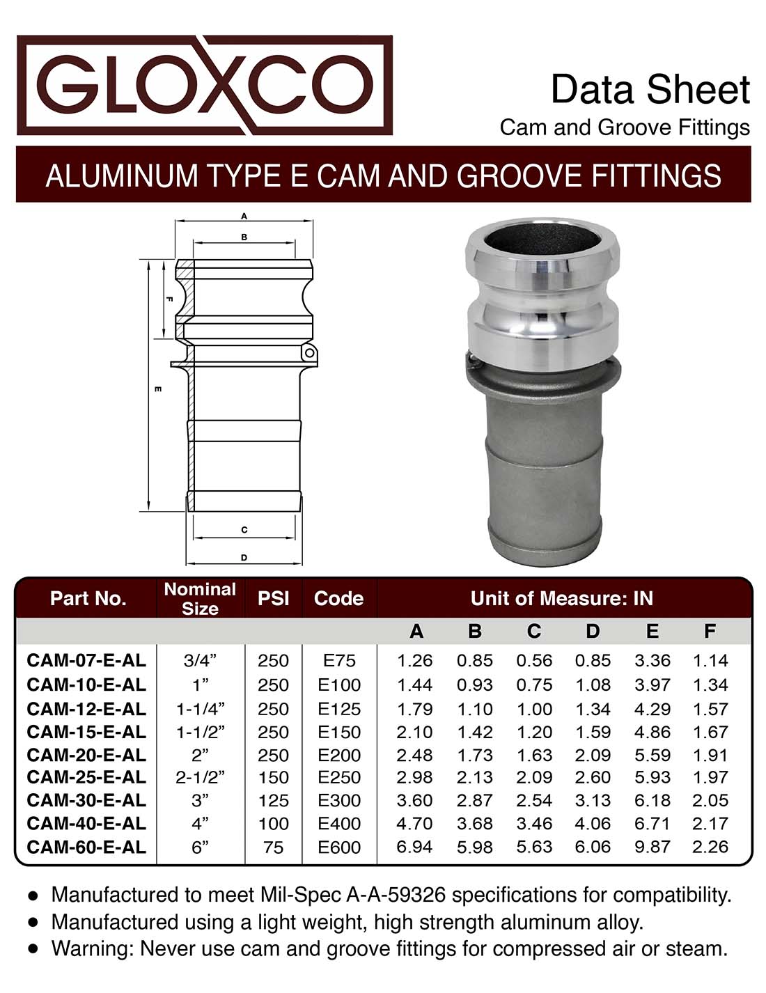 300-E-AL Aluminum Cam And Groove Fitting 3” Male Cam Lock X 3” Hose Shank 