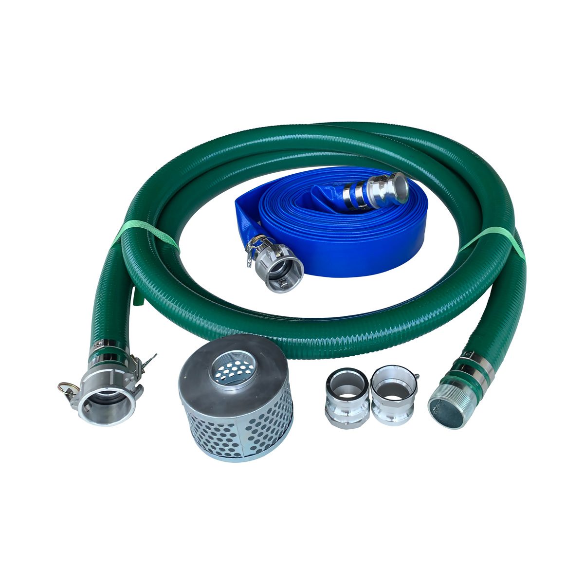 1-1/2" Green FCAM x MP Water Suction Hose Complete Kit w/25' Blue Discharge Hose 