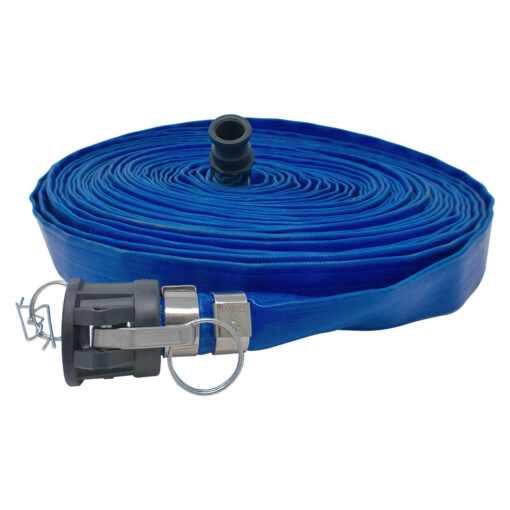Gloxco 1" x 100' Blue Lay Flat PVC Discharge Hose Assembly with Poly Cam and Groove C and E Fittings
