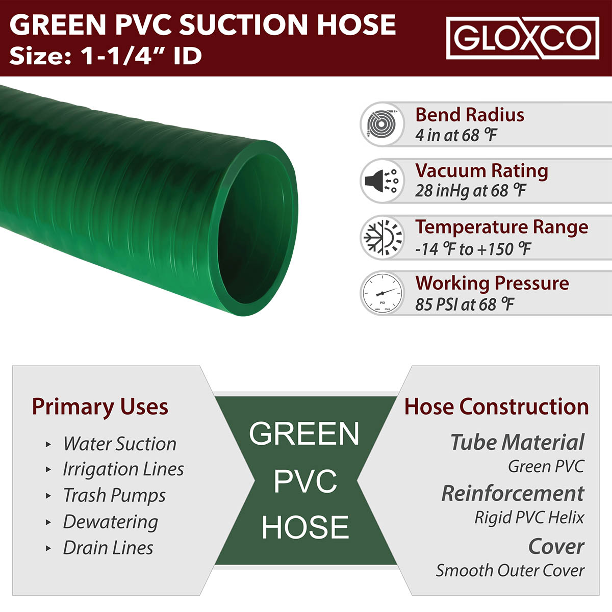 Gloxco 1-1/4" ID Green PVC Suction Hose, 85 PSI