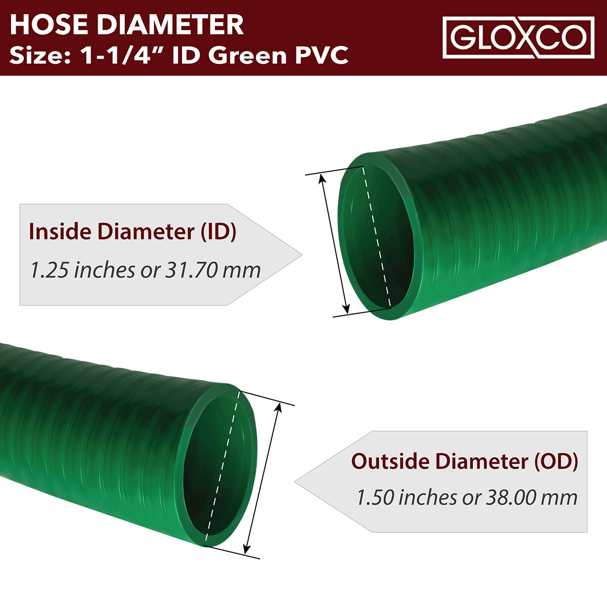 Gloxco 1-1/4" ID Green PVC Suction Hose, 85 PSI